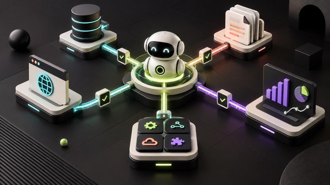 A central AI agent coordinating modular business tools through glowing controlled pathways