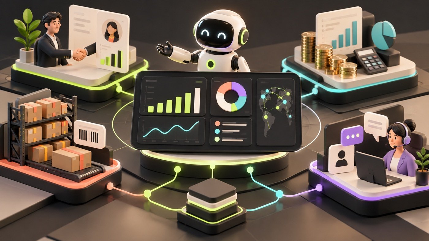 An AI copilot assisting connected CRM ERP sales finance and operations dashboards