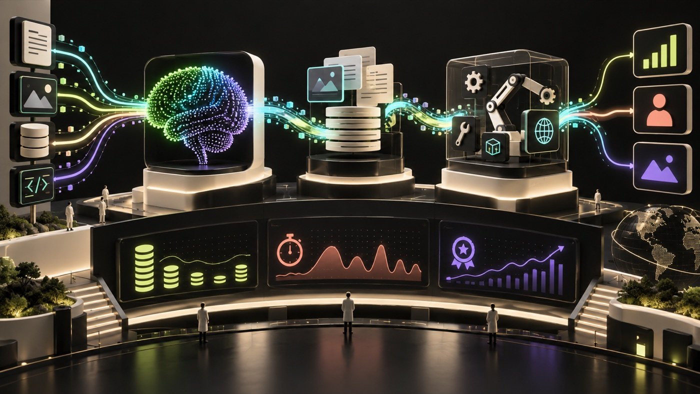 A luminous AI workflow dashboard revealing traces, cost signals, latency and quality paths