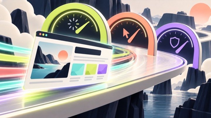 A responsive website accelerating through Core Web Vitals gauges for loading interaction and stability
