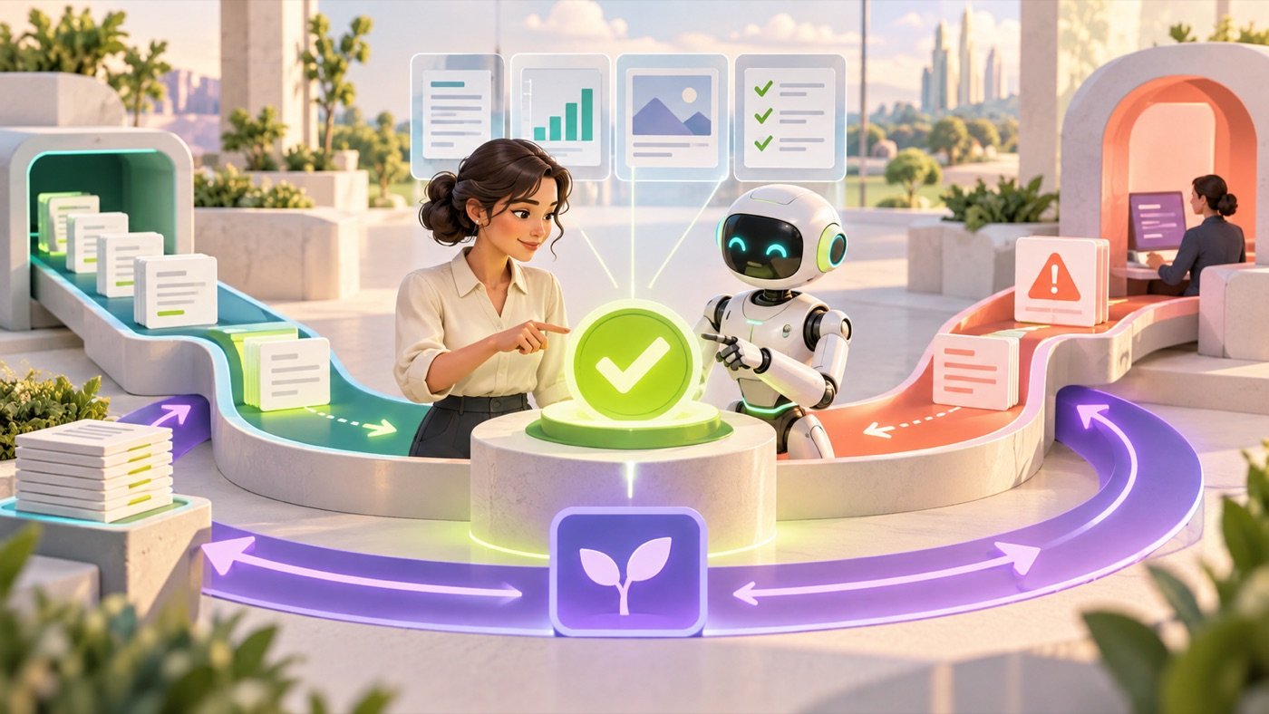 A human and AI system collaborating at a clear decision checkpoint inside an automated workflow