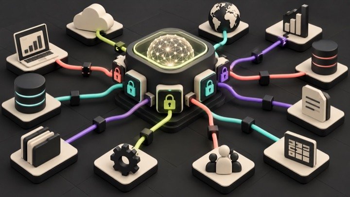 A secure universal connector linking an AI core to enterprise databases and software tools