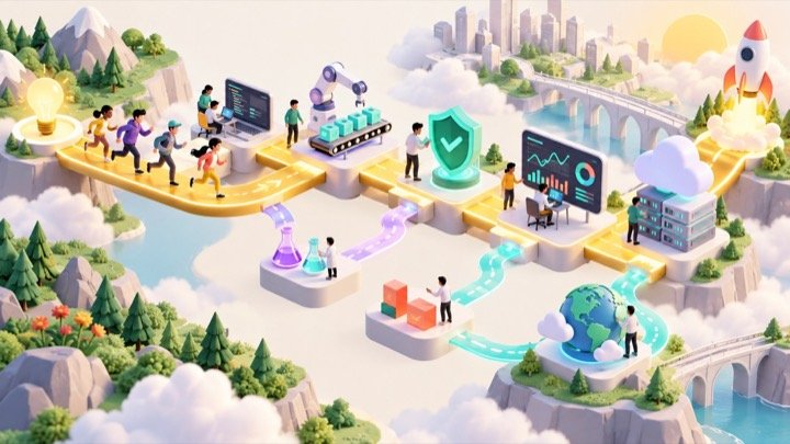 Software teams moving quickly along a clear golden delivery path with built in security and operations
