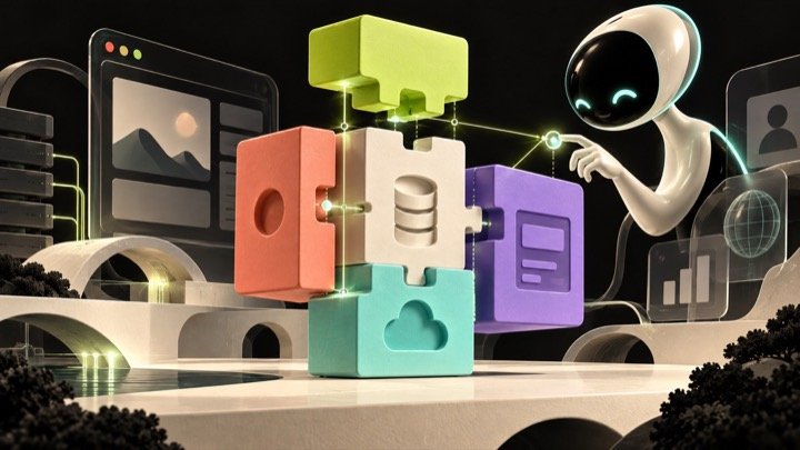 Typed software components snapping together while an AI coding assistant checks every connection